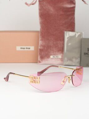 Miu Miu Women Sunglasses Gold Pink Mirror Rectangle MUA51S 5AK90Y NEW AUTHENTIC